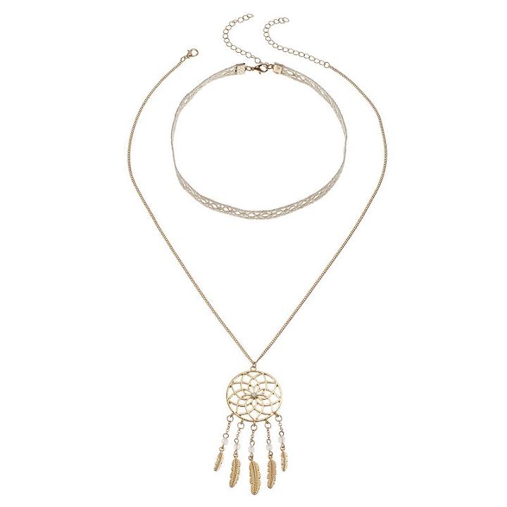 Mudd&reg; Dream Catcher Pendant & Lace Choker Necklace Set, Women's, Gold