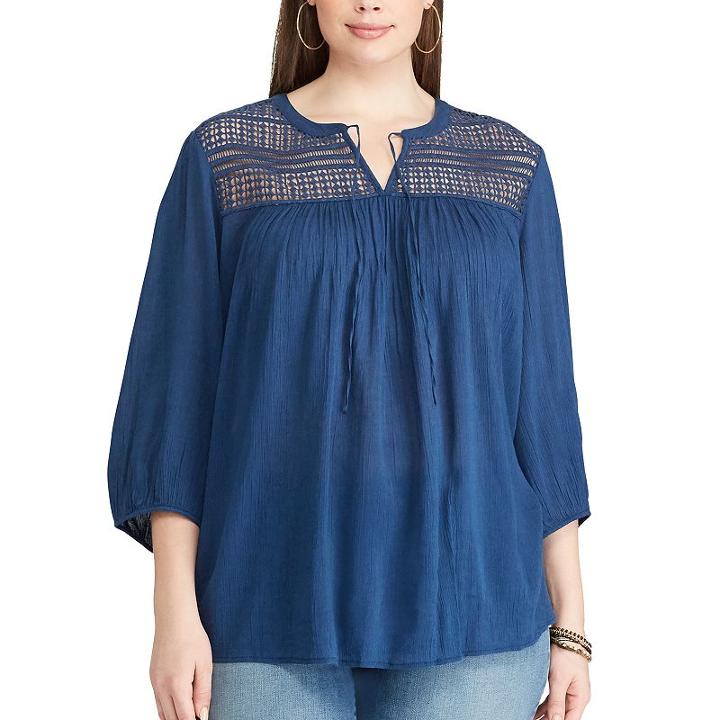 Plus Size Chaps Lace-yoke Peasant Top, Women's, Size: 3xl, Blue
