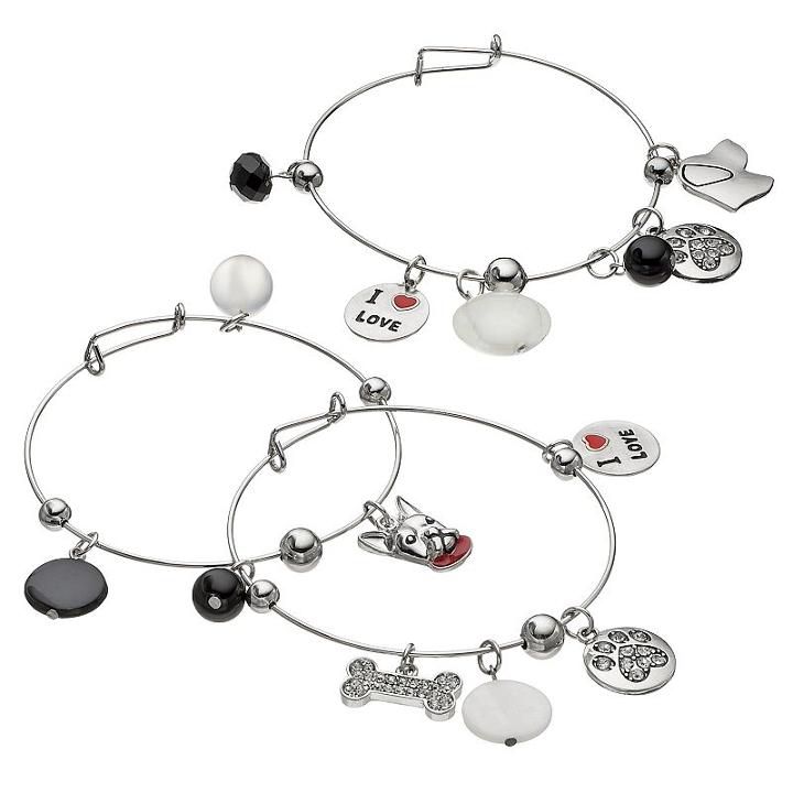 Dog Charm Bangle Bracelet Set, Women's, Black