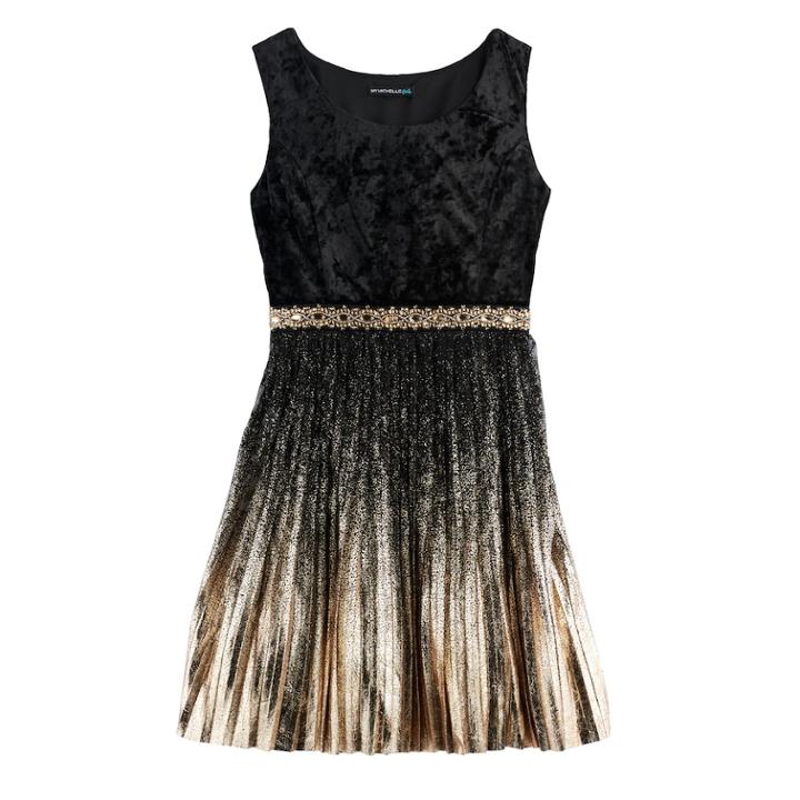 Girls 7-16 My Michelle Foil Pleated Velvet Dress, Size: 12, Black