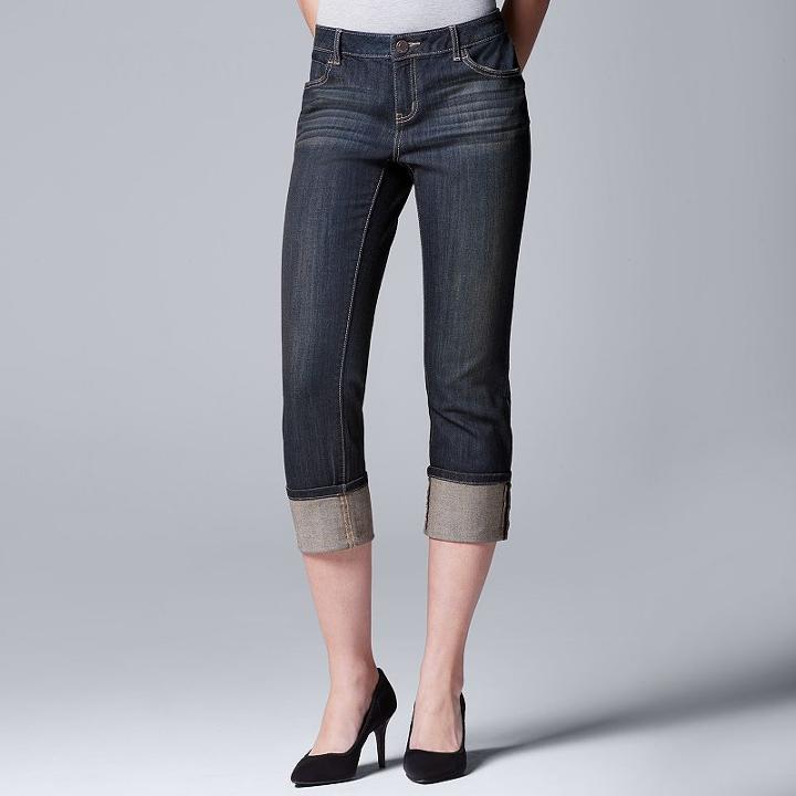 Women's Simply Vera Vera Wang Cuffed Capri Jeans, Size: 4, Dark Blue