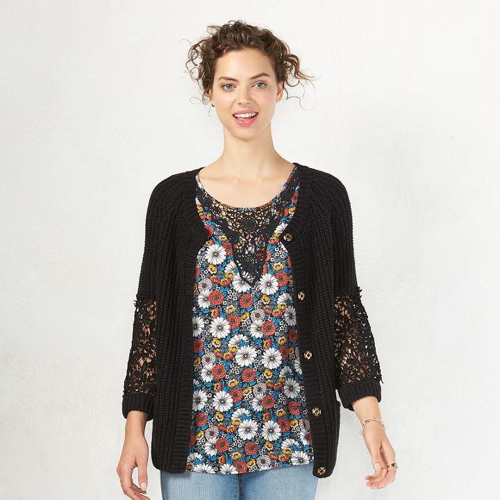 Women's Lc Lauren Conrad Crochet Cardigan, Size: Large, Black