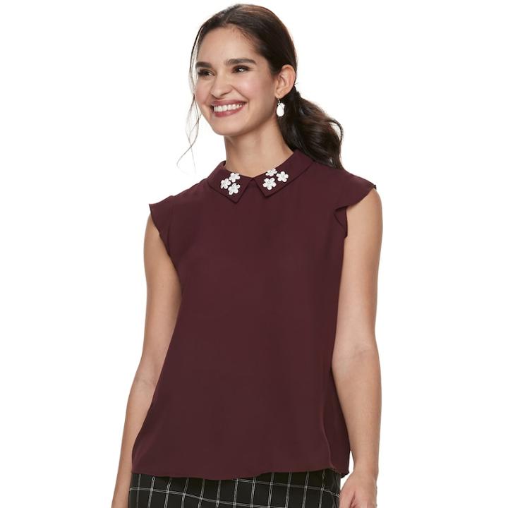 Women's Elle™ Floral-collar Georgette Top, Size: Medium, Drk Purple