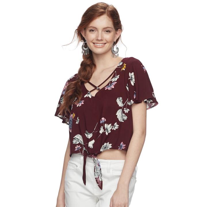 Juniors' Mudd&reg; Floral Tie Front Crop Top, Teens, Size: Xl, Red