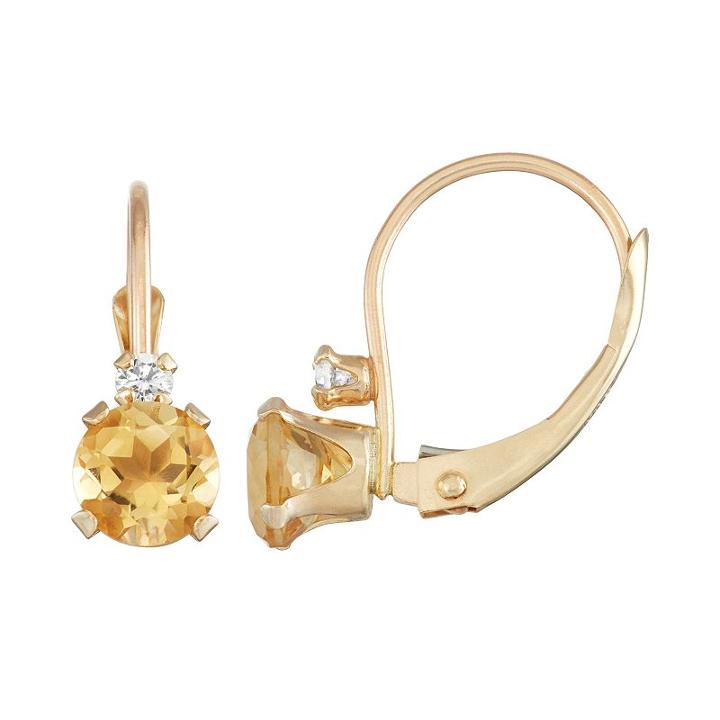 10k Gold Round-cut Citrine & White Zircon Leverback Earrings, Women's, Yellow