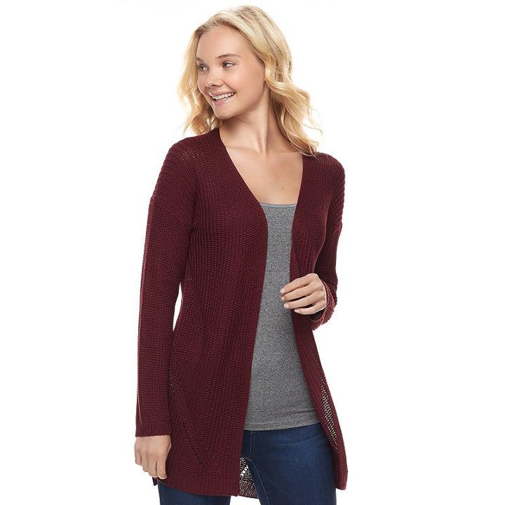 Juniors' Pink Republic Pointelle Open Front Cardigan, Teens, Size: Medium, Red/coppr (rust/coppr)