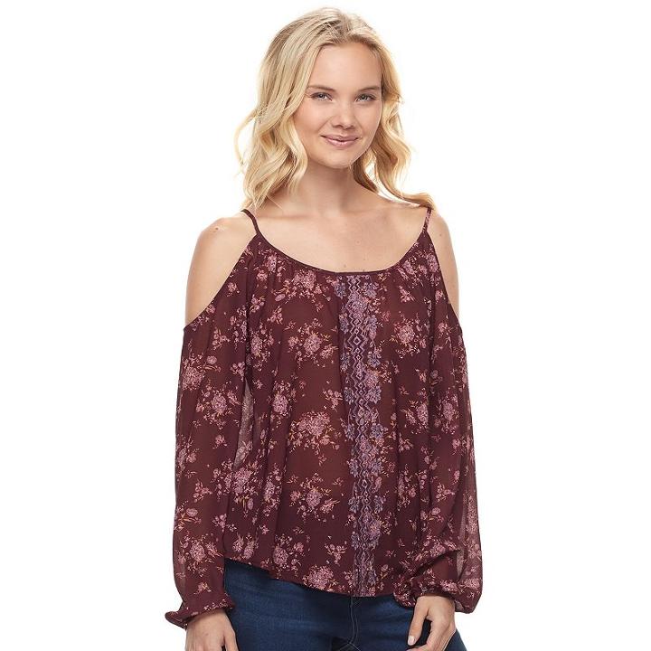 Juniors' Rewind Embroidered Cold Shoulder Top, Teens, Size: Xl, Dark Red
