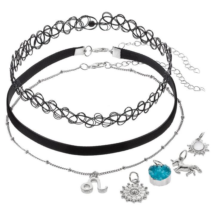 Mudd&reg; Leo, Unicorn & Starburst Interchangeable Charm Choker Necklace Set, Women's, Black