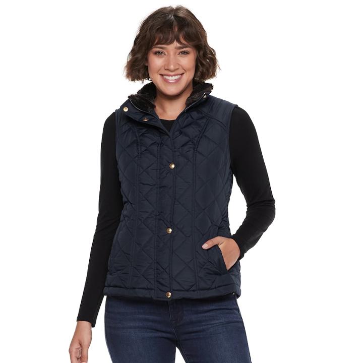 Women's Weathercast Faux-fur Lined Quilted Vest, Size: Large, Grey