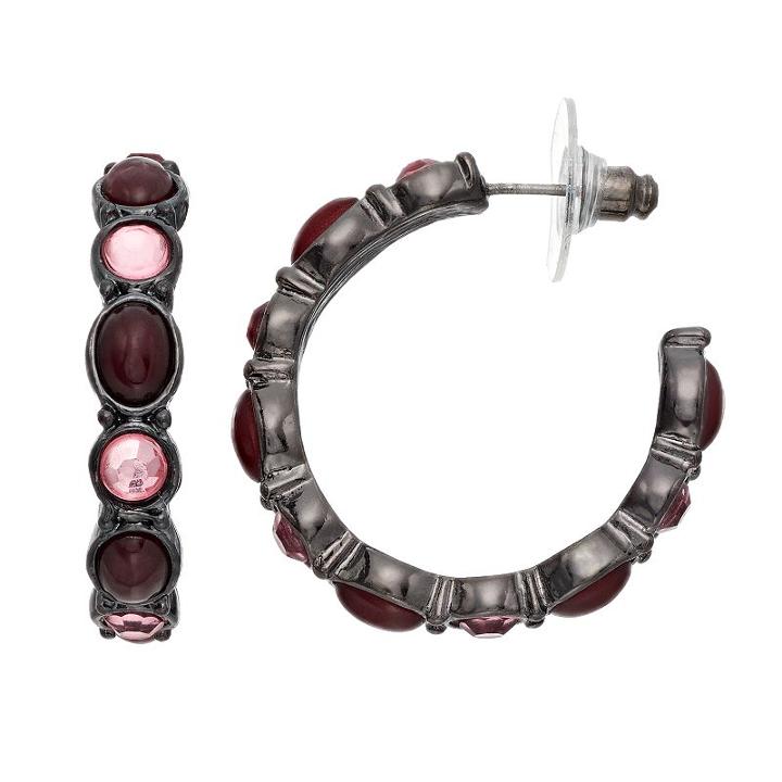 Red Oval Cabochon Nickel Free Hoop Earrings, Women's, Dark Red