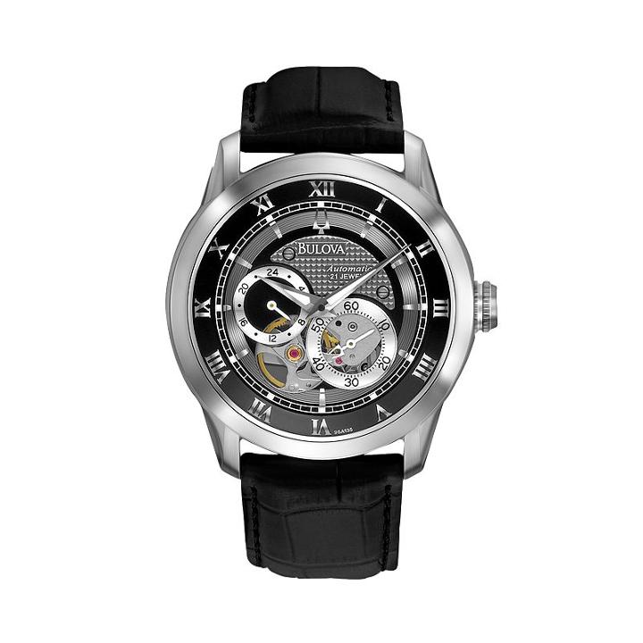 Bulova Men's Leather Automatic Skeleton Watch - 96a135, Black