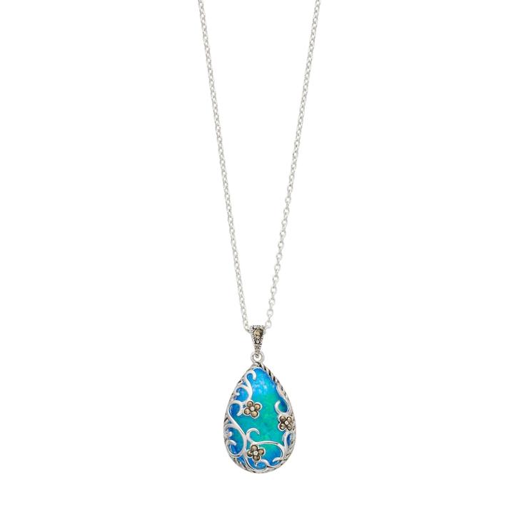 Tori Hill Simulated Blue Opal & Marcasite Filigree Flower Teardrop Pendant, Women's, Size: 18