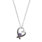 Silver Luxuries Cubic Zirconia & Marcasite Heart Ribbon Pendant Necklace, Women's, Purple