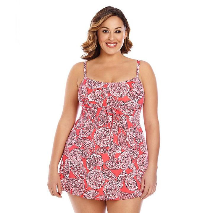 Plus Size Upstream Hip Minimizer Printed Empire Swimdress, Women's, Size: 20 W, Lt Orange