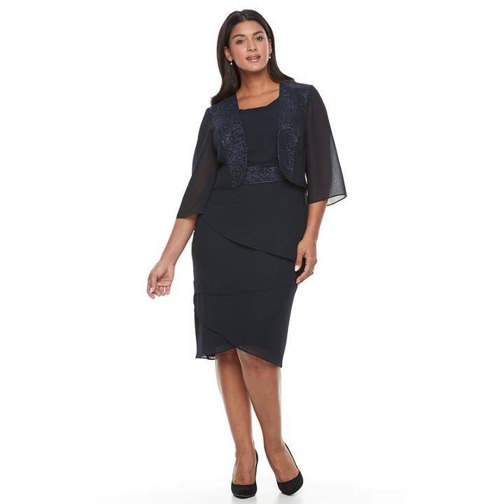 Plus Size Le Bos Tiered Georgette Evening Gown & Jacket Set, Women's, Size: 24 W, Blue (navy)