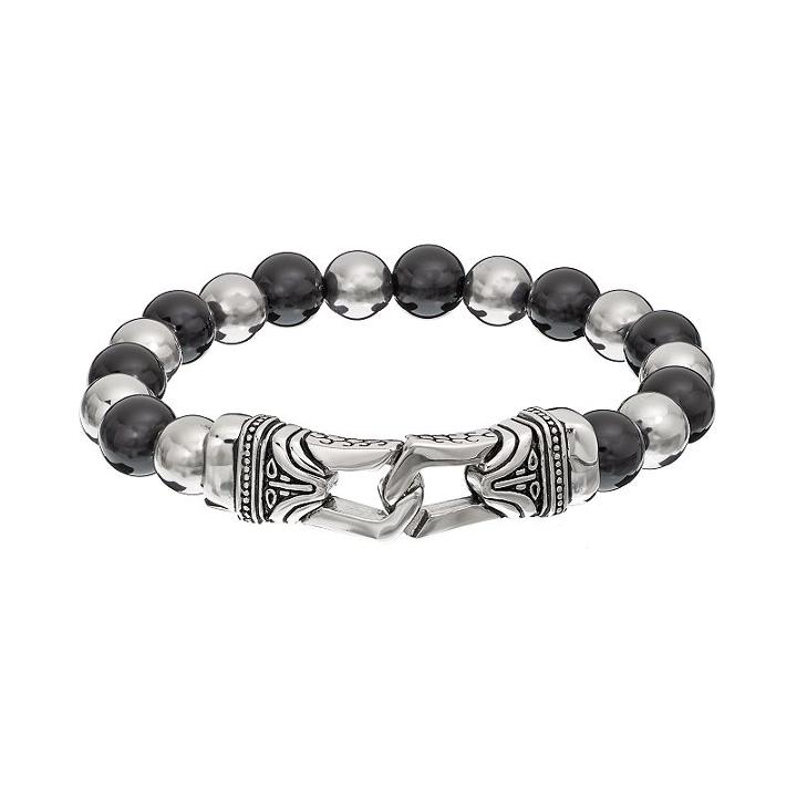 Onyx Stainless Steel Bead Tribal Stretch Bracelet - Men, Size: 8.5, Black