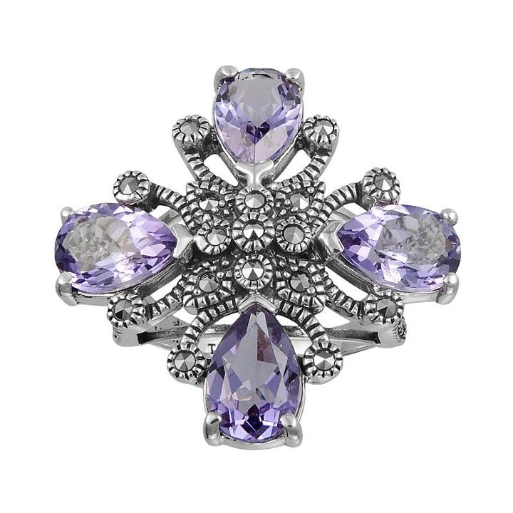 Lavish By Tjm Sterling Silver Amethyst Flower Ring - Made With Swarovski Marcasite, Women's, Size: 7, Purple