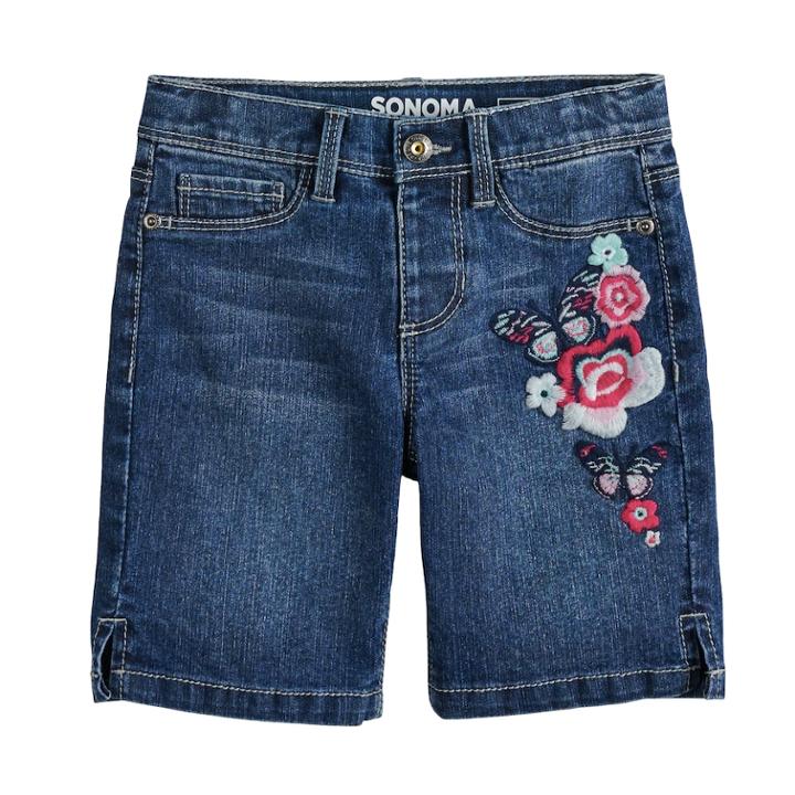Girls 4-12 Sonoma Goods For Life&trade; Embroidered Flower Denim Shorts, Size: 7, Blue