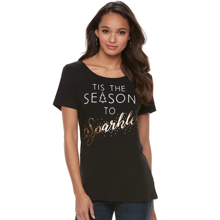 Petite Apt. 9&reg; Holiday Foiled Graphic Tee, Women's, Size: L Petite, Black