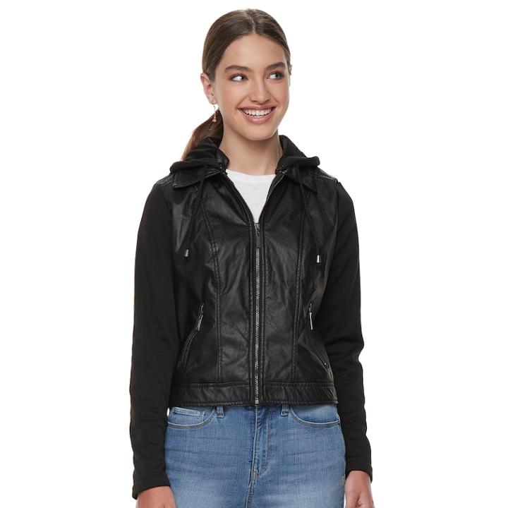 Juniors' J-2 Knit-sleeeve Hood Faux-leather Jacket, Teens, Size: Medium, Black