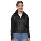 Juniors' J-2 Knit-sleeeve Hood Faux-leather Jacket, Teens, Size: Medium, Black