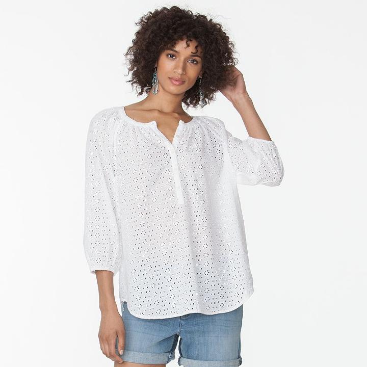 Women's Chaps Eyelet Peasant Top, Size: Medium, White