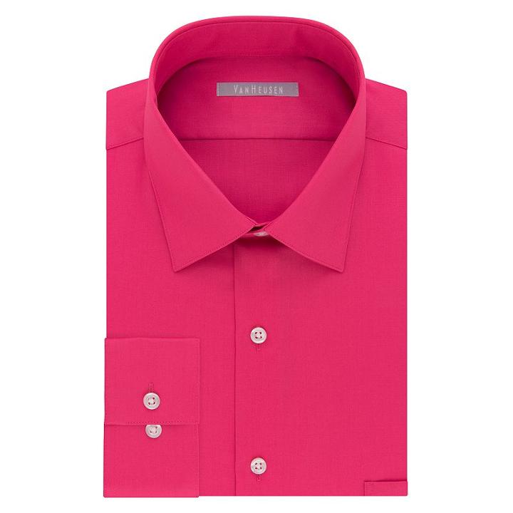 Men's Van Heusen Fitted Athletic Solid Lux Sateen No Iron Spread Collar Dress Shirt, Size: 16.5-32/33, Med Pink