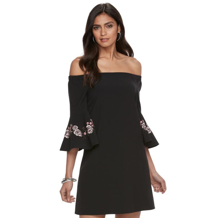 Petite Jennifer Lopez Off-the-shoulder Embroidered Shift Dress, Size: L Petite, Black