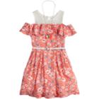 Girls 7-16 Beautees Ditzy Floral Cold Shoulder Belted Skater Dress With Necklace, Size: 8, Lt Orange