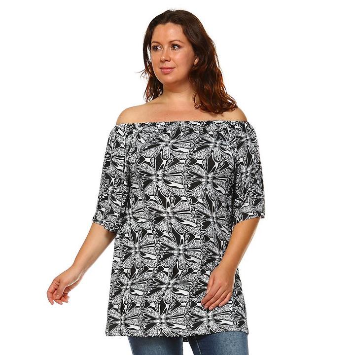 White Mark, Plus Size Off-the-shoulder Printed Top, Women's, Size: 1xl, Ovrfl Oth
