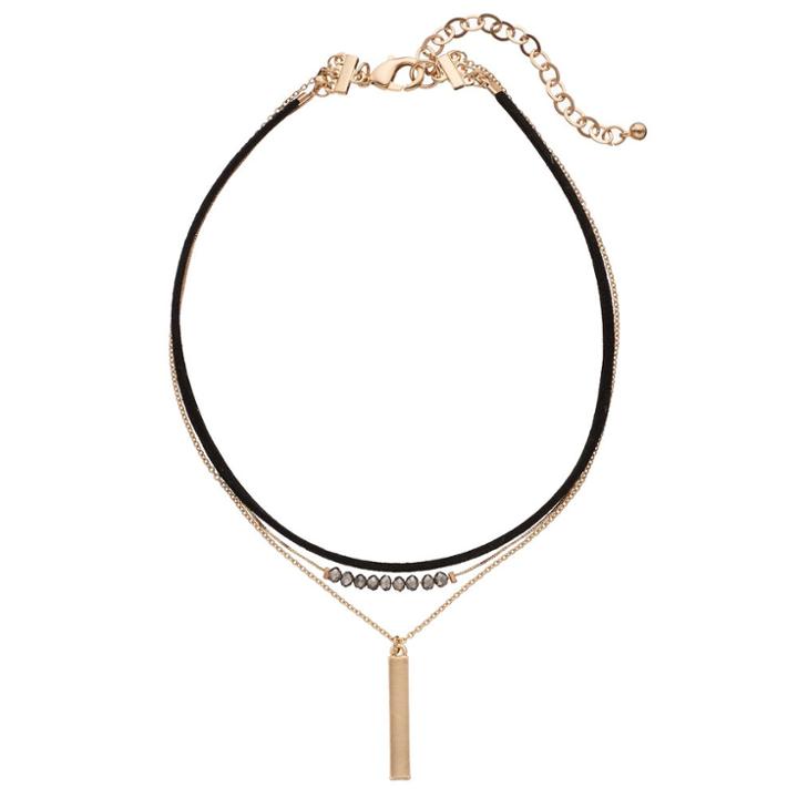 Plus Size Layered Faux Suede, Bead & Vertical Bar Choker Necklace, Women's, Black