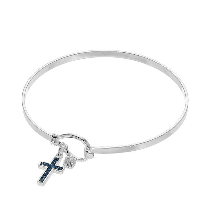 Brilliance Silver Plated Glitter Cross Bangle Bracelet With Swarovski Crystals, Women's, Blue