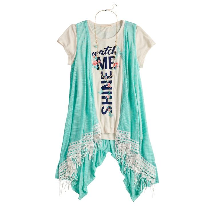 Girls 7-16 & Plus Size Self Esteem Graphic Tee Set With Vest & Necklace, Size: Xl Plus, Turquoise/blue (turq/aqua)
