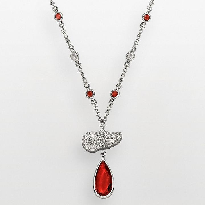 Logoart Detroit Red Wings Silver Tone Crystal Logo Teardrop Y Necklace, Women's