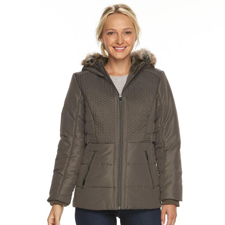 Women's D.e.t.a.i.l.s Hooded Chevron-stitch Puffer Jacket, Size: Small, Med Grey
