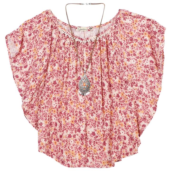 Girls 7-16 Speechless Floral Print Angel Sleeve Tunic With Necklace, Size: Large, Beige Over