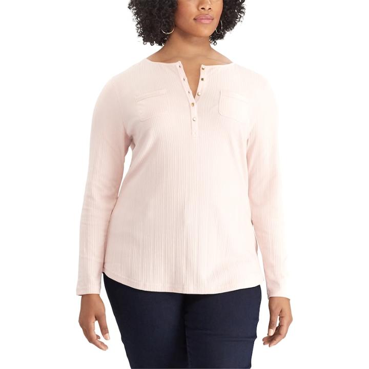Plus Size Chaps Pocket Henley, Women's, Size: 1xl, Pink