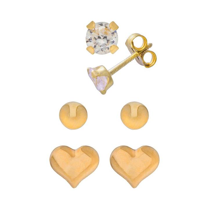14k Gold Cubic Zirconia, Ball And Heart Stud Earring Set, Girl's, White