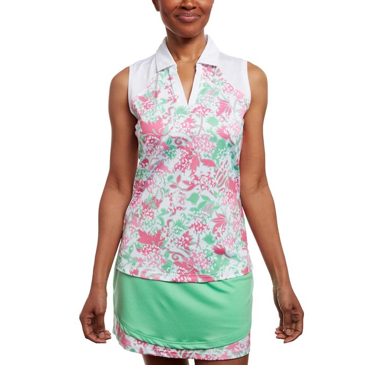 Women's Pebble Beach Floral Print Sleeveless Golf Polo, Size: Large, White