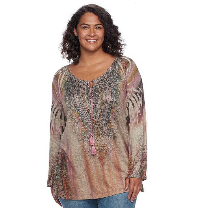 Plus Size World Unity Printed Peasant Top, Women's, Size: 2xl, Brown Oth