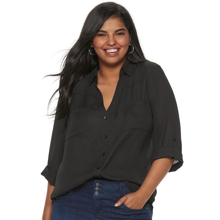 Juniors' Plus Size Iz Byer Roll-tab Shirt, Teens, Size: 1xl, Black