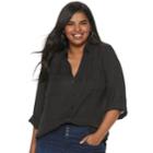 Juniors' Plus Size Iz Byer Roll-tab Shirt, Teens, Size: 1xl, Black