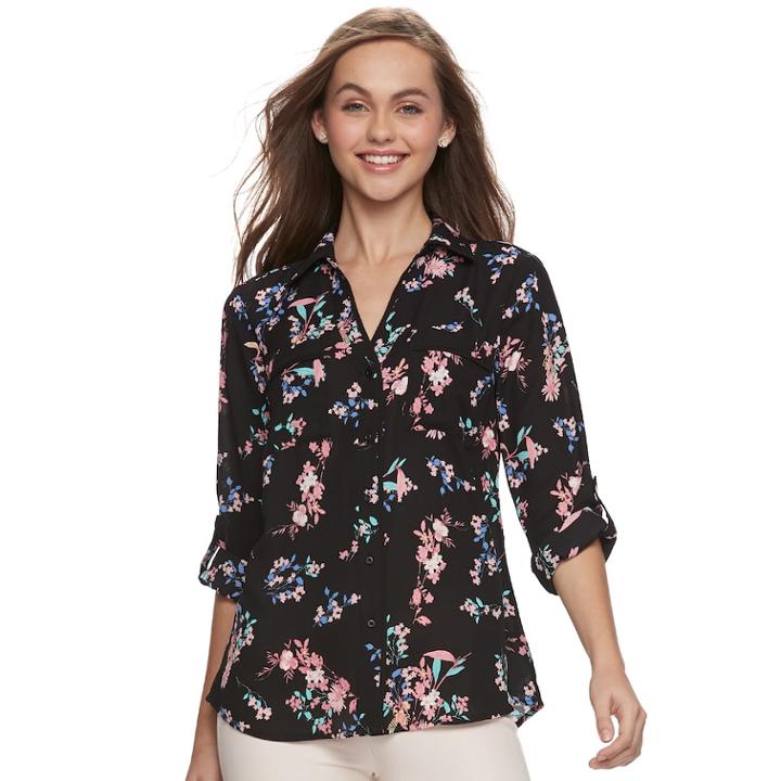 Juniors' Candie's&reg; Piped Roll-tab Blouse, Teens, Size: Small, Oxford