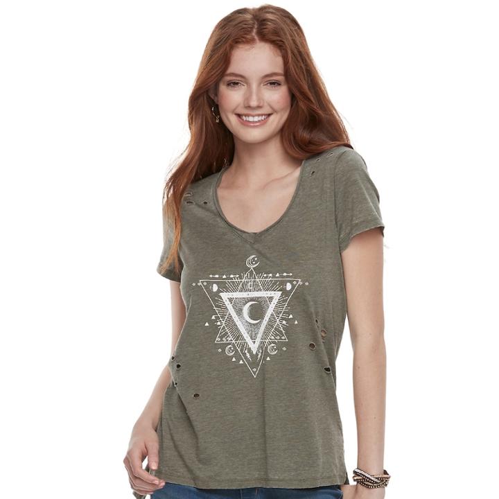 Juniors' Grayson Threads Celestial Triangle Destructed Tee, Teens, Size: Small, Dark Green