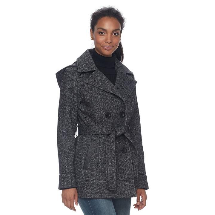 Women's D.e.t.a.i.l.s Double Breasted Faux-leather Trim Fleece Jacket, Size: Large, Black