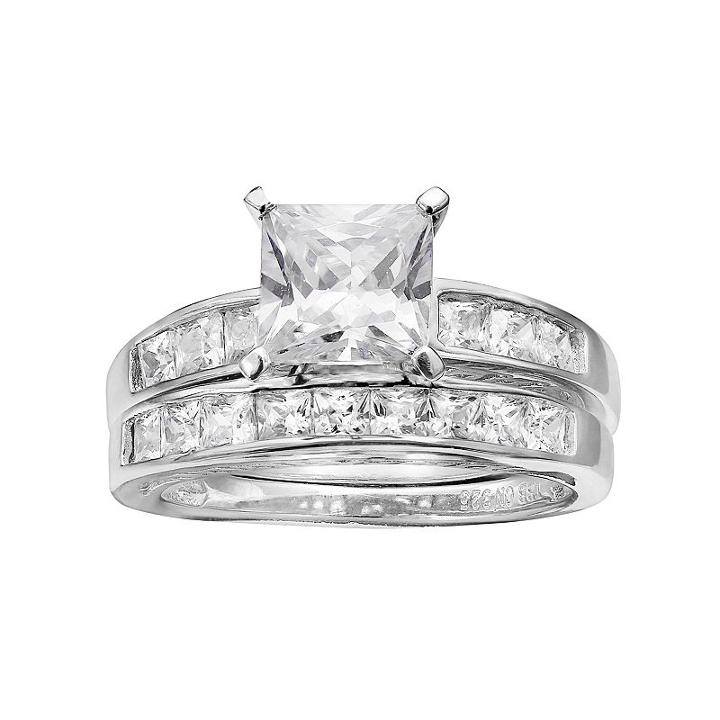 Pure 925 Sterling Silver Cubic Zirconia Engagement Ring Set, Women's, Size: 8, Grey