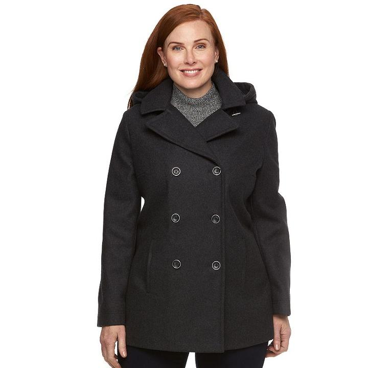 Plus Size Braetan Hooded Double-breasted Peacoat, Women's, Size: 2xl, Grey