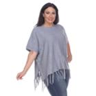 Plus Size White Mark Button Fringe Poncho, Women's, Grey