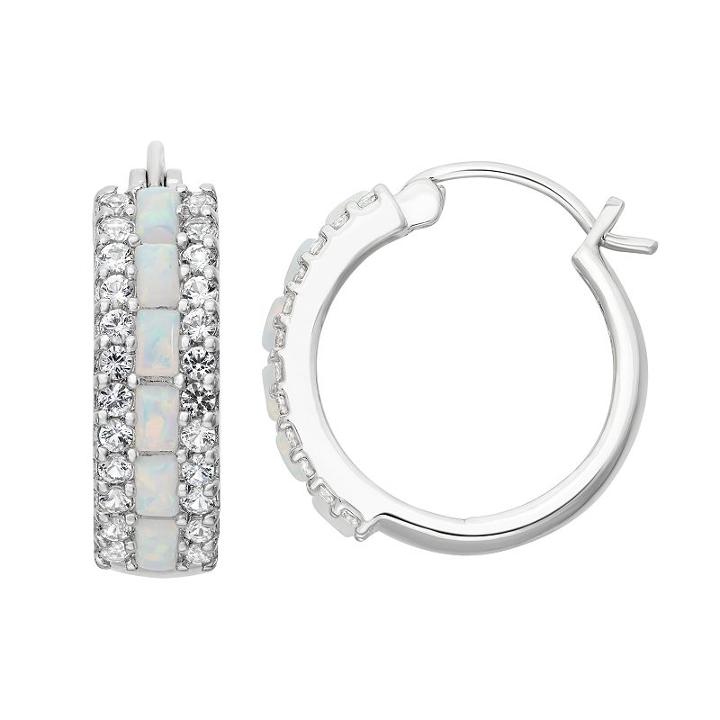 Sterling Silver Lab-created Opal & Lab-created White Sapphire Hoop Earrings, Women's