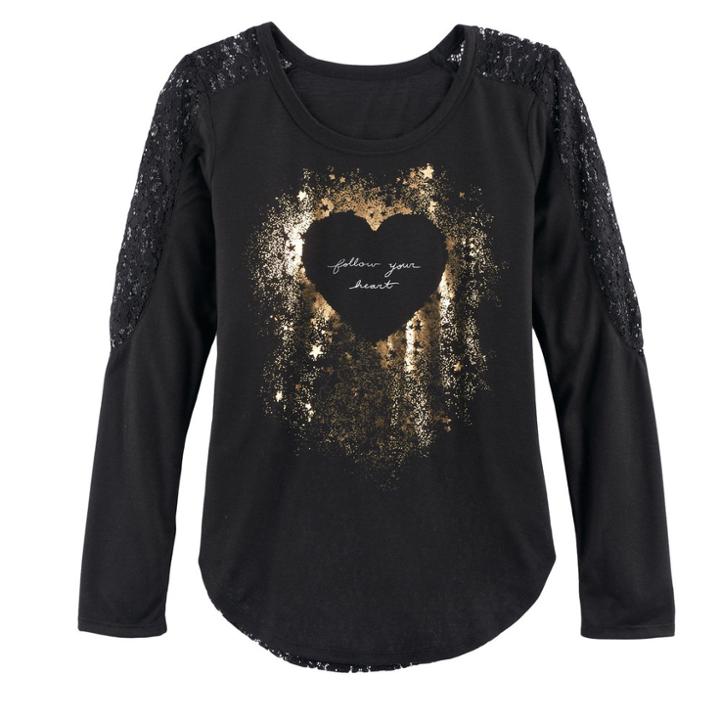 Girls 7-16 & Plus Size Mudd&reg; Pieced Lace Graphic Tee, Size: 14 1/2, Black